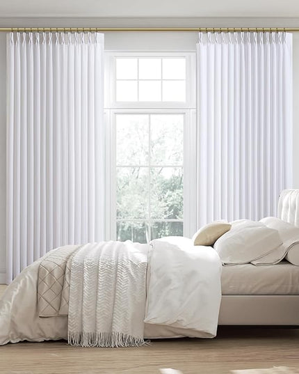 Linen Pinch Pleated Curtains White 84 Inches Long Drapes for Bedroom, Light Filtering Pleat Privacy 7 Ft Thick Linen Blend Window Non See Through Curtain with Back Tab and Hooks 40" W x 84" L