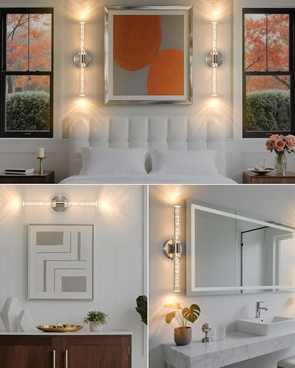 Modern LED Battery Operated Wall Sconces Set of Two, Dimmable Bathroom Crystal Wall Sconce, USB Rechargeable Brushed Nickel Vanity Wall Lamp, Bubble Wall Lights For Bedroom, Living Room. 20-Inch