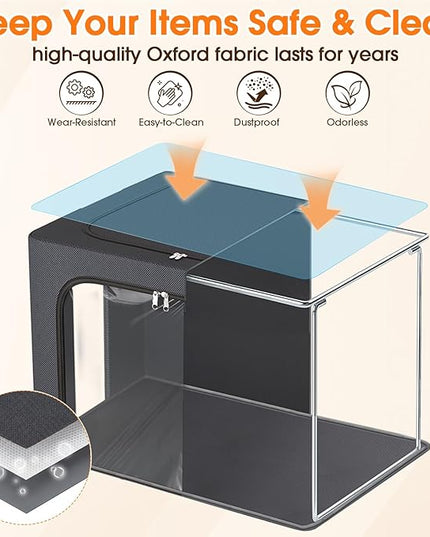 3 Pack Clothes Storage Bins with Metal Frame,40L Storage Bags Fabric Box Organizer with Clear Window,Zippers,Sturdy Handles(3 Pcs,Light Grey,40L)