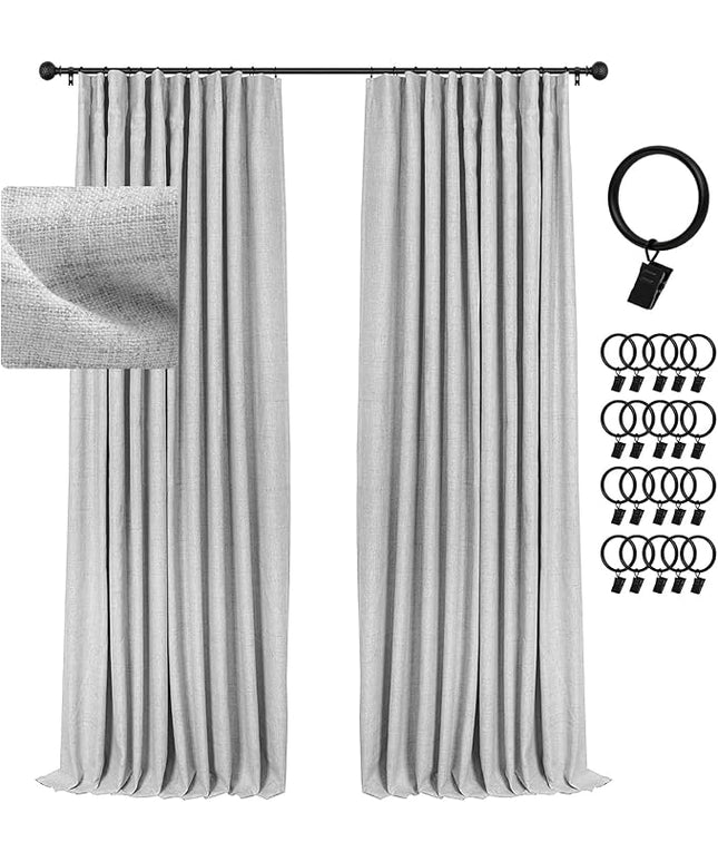 INOVADAY 100% Blackout Curtains for Bedroom, Black Out Curtains 96 Inch Long, Clip Rings Linen Blackout Drapes, Thermal Insulated Room Darkening for Living Room, 2 Panels - Grey,W50xL96