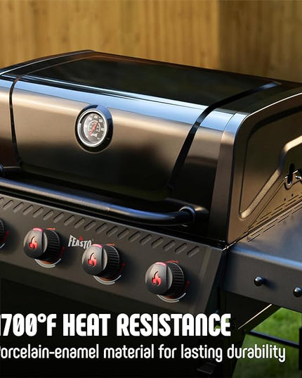 4-Burner Gas BBQ Grill with Side Table, 36,000 BTU Outdoor Propane Grill with Enameled Coated Chamber Body, Premium Porcelain-Enameled Grates for Backyard, Patio, Camping Barbecue, Black