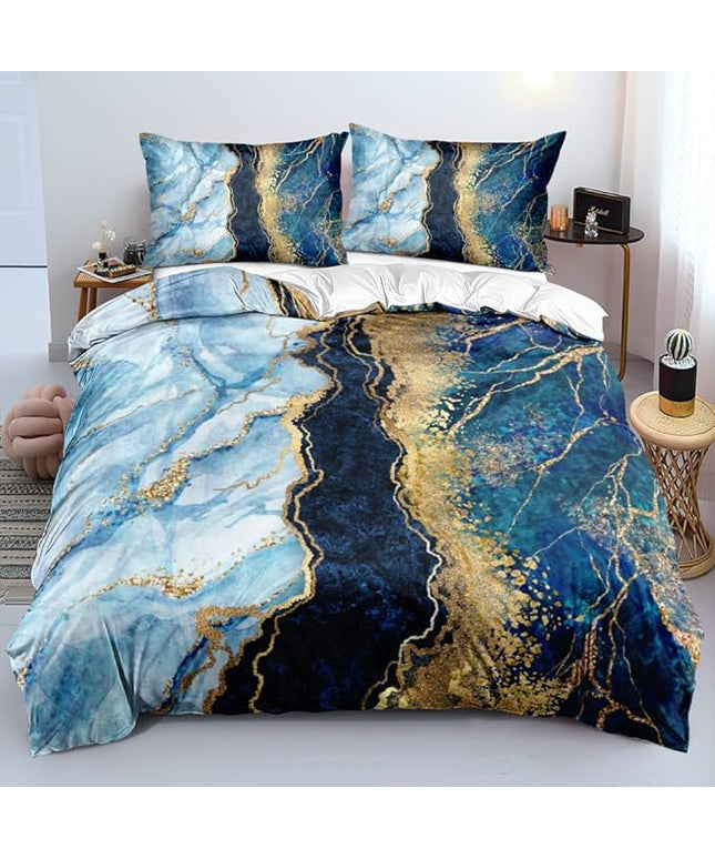 Royal Blue Marble Duvet Cover Set King Size Sequin Gold Bedding Comforter Covers with 2 Pillow Shams Breathable Durable Soft Comfy