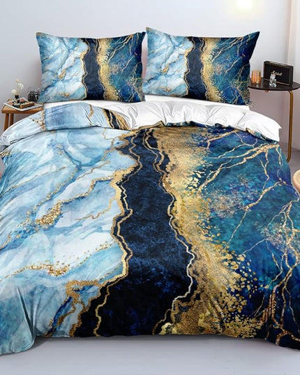 Royal Blue Marble Duvet Cover Set Twin Size Sequin Gold Bedding Comforter Covers with 2 Pillow Shams Breathable Durable Soft Comfy