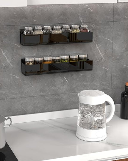 PMMASTO Adhesive Acrylic Spice Rack Organizer for Wall with Nano Double Sided Tape, Spice Shelf Organization for Kitchen Cabinet Door/Pantry Door, Wall Mount Seasoning Rack (Black-2 Pack)