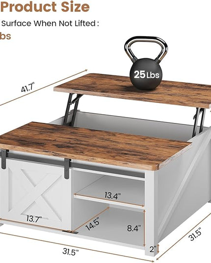 SEDETA 31.5" Lift Top Coffee Table with Storage, Square Coffee Tables for Living Room, Farmhouse Coffee Table with Large Hidden Storage Compartment and Adjustable Shelves, White