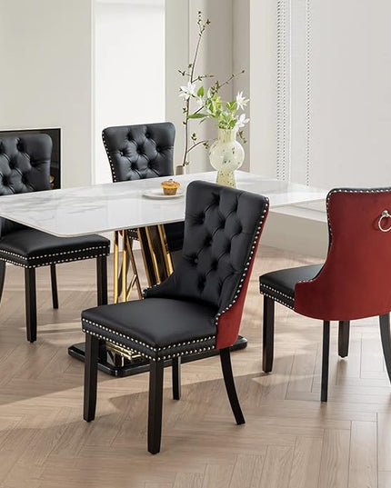 SoarFlash Leather Dining Chairs Set of 4, Tall Back Side Chair, Modern Upholstered Side Chair with Button Back Ring, Solid Wood Legs (Black&Red)