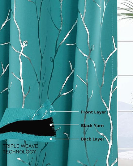 BUHUA White Black Out Curtains 63 Inch Long 2 Panels, Soundproof Curtains with Elegant Silver Tree Branches Print, Heat Blocking Curtains for Livingroom, 52W x 63L, Teal Blue