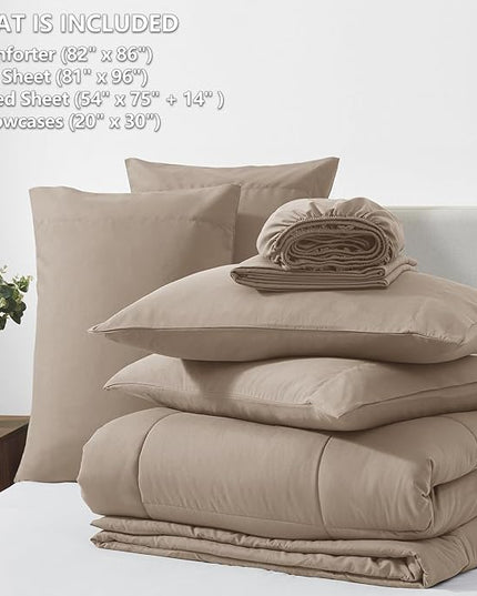 CozyLux Full Size Comforter Sets Khaki, 7 Pieces Bed in a Bag, Khaki Comforter Full Size, All Season Bedding Sets with Stitch Quilted Comforter, Flat Sheet, Fitted Sheet, Pillowcases