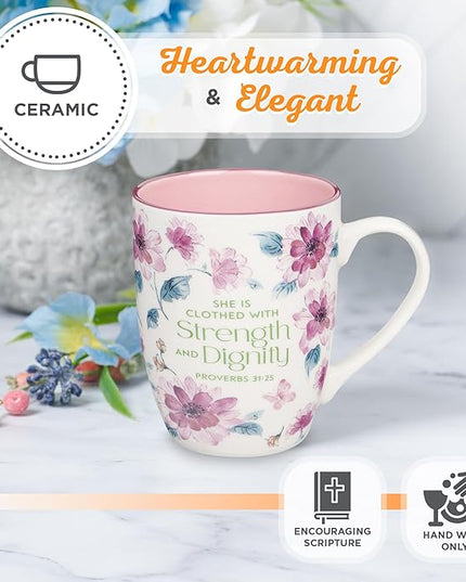 Christian Art Gifts Inspirational Ceramic Coffee & Tea Mug for Women: Strength & Dignity Encouraging Bible Verse Proverb, Microwave & Dishwasher Safe Drinkware, White, Pink & Fuchsia Floral, 12 oz.