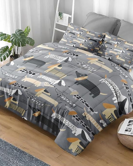Comforter Set Full Size, Cute Dog Pet Soft 3 Pcs Bedding for Kids and Adults Cartoon Nursery Animal Dachshund Comforter Set with 2 Pillowcases for Bedroom Bed Decor