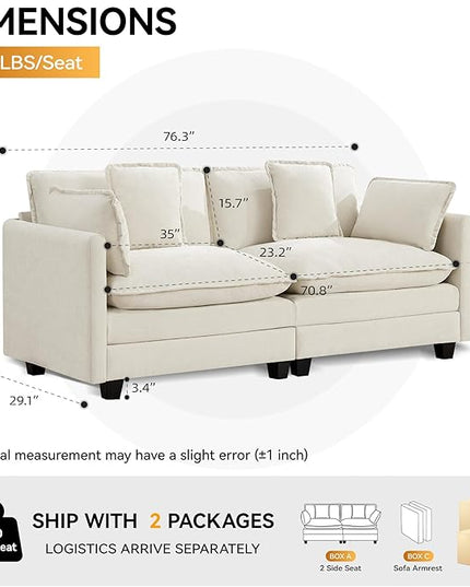 76'' Cloud Deep Seat Loveseat, Upholstered Chenille Modular 2-Seats Sectional Sofa Couch, Modern Comfy Settee Loveseat for Living Room Set, Small Apartment, Beige