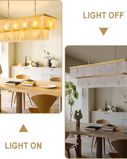 Rectangle Alabaster Chandelier, L54 Brass Linear Chandeliers Over Table Pendant Light Modern Mrable Rectangular Chandelier for Kitchen Island Dining Room Living 2-Tier Gold(Include 16 Bulbs)