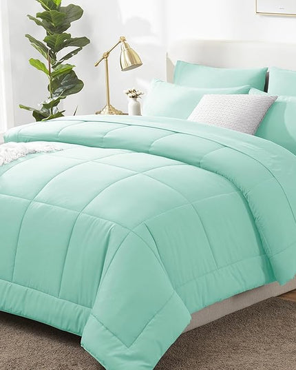 CozyLux Queen Comforter Set Mint Green, 7 Pieces Bed in a Bag, Green Comforter Queen Size, All Season Bedding Sets with Stitch Quilted Comforter, Flat Sheet, Fitted Sheet, Pillowcases