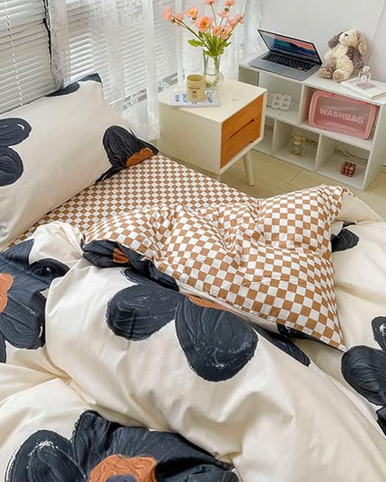 CLOTHKNOW Black Sunflower Queen Comforter Set Floral Bedding Comforter Sets Brown Plaid Comforter Soft Botanical Queen Comforter