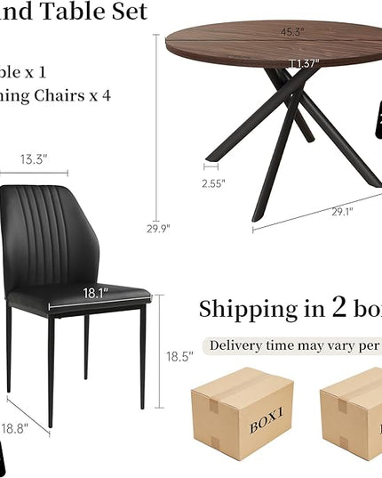 45.3'' Walnut Round Dining Table Set for 4, Mid Century Modern Small Coffee Set for Dining Room Kitchen Apartment (Dark Walnut Table + 4 Black Chairs)