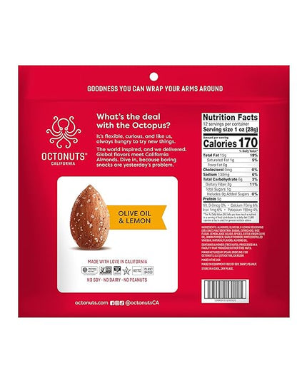 Octonuts Olive Oil & Lemon Almonds – 12 Individually Wrapped Snack Packs (1oz Each), Healthy Snacks for Adults and Kids, Non-GMO, Keto and Gluten-Free, Roasted in Cold Pressed Olive Oil