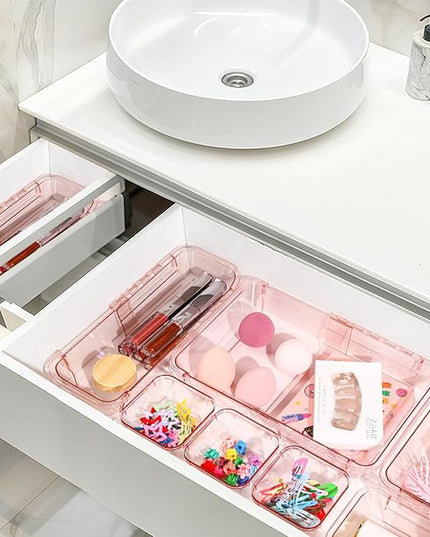14 Pcs Adjustable Clear Drawer Organizer, Extendable Vanity Storage Bins, Desk Drawer Organizer Set for Makeup, Cosmetics, Bedroom, and Gadgets, Pink