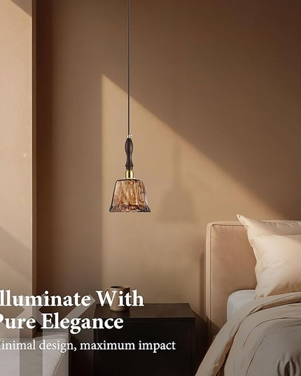 Modern Amber Glass Pendant Light, 4.33"x9.8" Hanging Fixture with Golden Wood Handle & Brass Cap, 15"-72" Adjustable Line, E26 Socket – Golden Amber Square