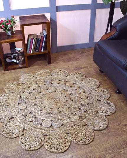 Hand Woven Jute ECO-Friendly Oriental Area Rugs - 5'x5', Round Shape, Beige Color, Oriental Pattern, High Pile, Natural Fiber, Outdoor Indoor Handmade Area Rugs for Living Room, Bed Room (J00005)