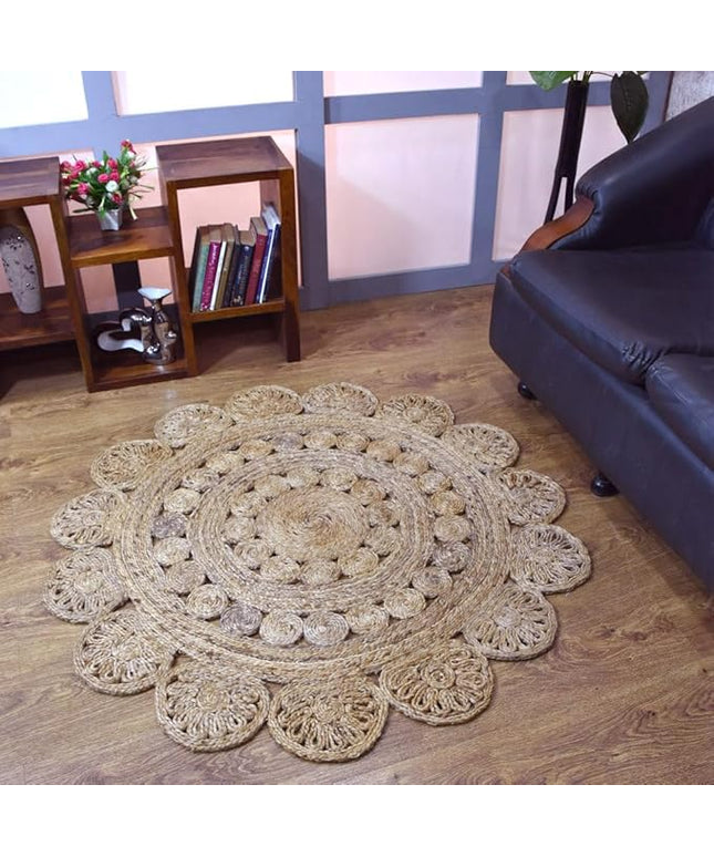Hand Woven Jute ECO-Friendly Oriental Area Rugs - 5'x5', Round Shape, Beige Color, Oriental Pattern, High Pile, Natural Fiber, Outdoor Indoor Handmade Area Rugs for Living Room, Bed Room (J00005)