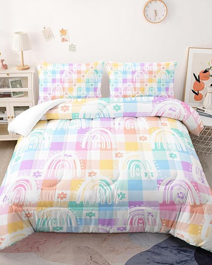 Colorful Boho Rainbow Comforter Set,Colorful Checker 3 Piece Bedding Set Twin for Boy Girl,70s 80s 90s Bedding Quilt Set 70s Decor,Soft Microfiber Lightweight 1 Comforter 2 Pillowcases All Season