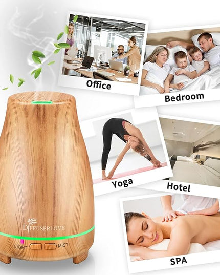 Diffuserlove Essential Oil Diffusers 200ML Diffuser Remote Control Aromatherapy Diffuser with 7 Color Lights, Auto Shut-Off for Bedroom Office Kitchen (Yellow Wood Grain)
