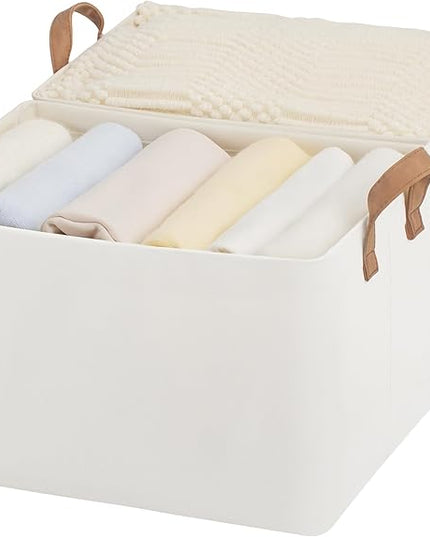 StorageWorks Storage Bins, Fabric Storage Bins for Shelves, Large Storage Baskets with Metal Frame, Closet Baskets and Bins with Handles, Beige, 2-Pack