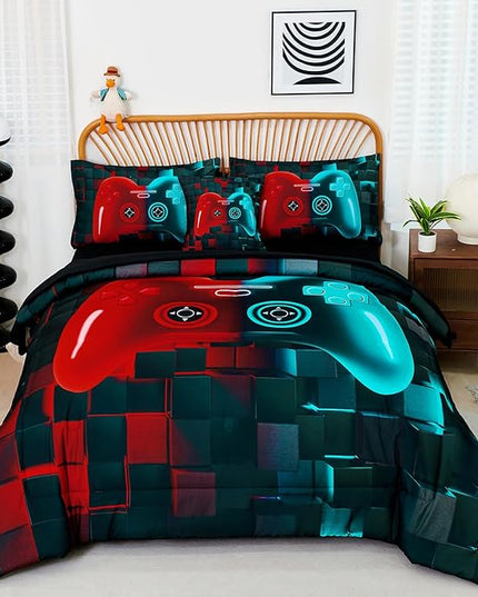 PERFEMET 6 Pcs Gamer Bed Set Twin Size Red and Teal Game Console Kids Bed in A Bag Set Soft Fluffy 3D Cool Teen Boys Gaming Comforter Set with Bed Sheet(Red Teal, Twin)