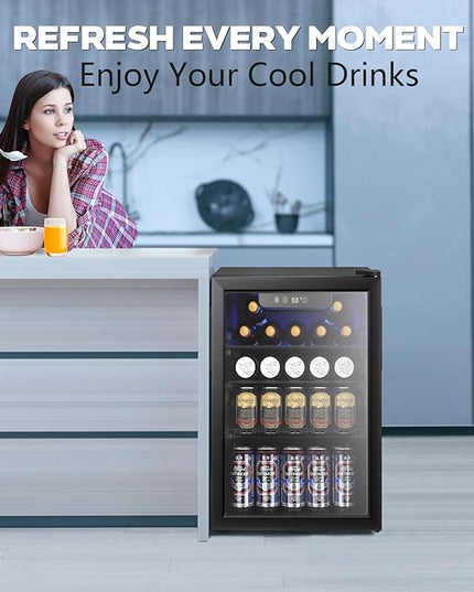 2.7 Cu.ft Beverage Refrigerator Cooler, 95 Can Mini Fridge Glass Door with Adjustable Shelves, Digital Temperature Display, Freestanding Small Drink Fridge for Home, Office or Bar(Black)