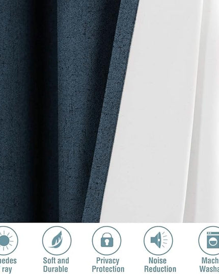 H.VERSAILTEX Linen Blackout Curtains 54 Inches Long 100% Absolutely Blackout Thermal Insulated Textured Linen Look Curtain Draperies Anti-Rust Grommet, Energy Saving with White Liner, 2 Panels, Navy