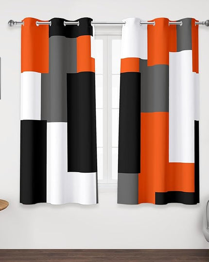 Orange 100% Blackout Curtains 45 inch Length 2 Panels Set White Grey Modern Abstract Geometric Drapes for Kitchen Black Out Curtains Insulated Room Darkening Small Window Curtains, 42Wx45L