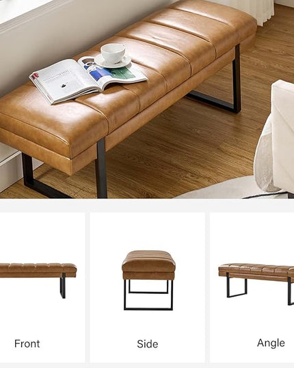 HULALA HOME 53" Faux Leather Entryway Bench, Button Tufted End of Bed Bench Ottoman for Bedroom, Living Room with Metal Base,Camel