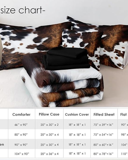 Bedbay Cow Print Comforter Set Queen Size Animal Skin Bedding 8 Pcs Queen Bed in a Bag Western Cowhide Rustic Bedding Brown Milk Cow Print Bed Set for All Seasons(Brown,Queen)