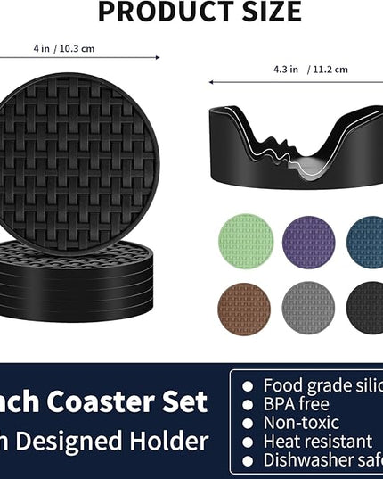 6 Pcs Silicone Coasters for Drinks Black, 4 Inches Heat Resistant Cup Mats, Non-Slip Waterproof Table Protectors for Coffee Mugs, Cups - Home Kitchen Office Decor