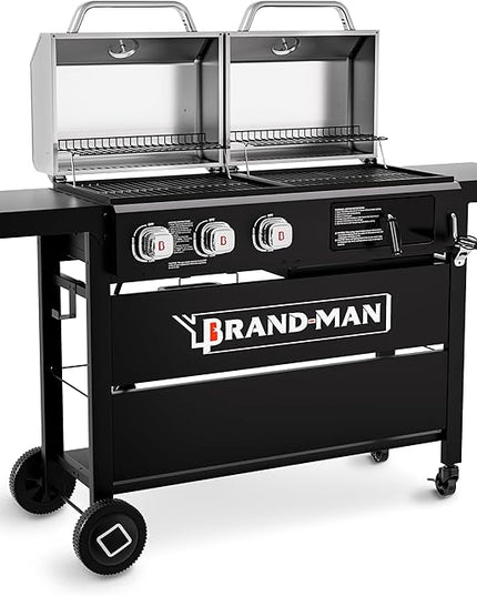 Brand-Man Propane Gas and Charcoal Grill Combo, Dual Fuel BBQ Combo Grill with Stainless Steel Dual Lids & 2 Side Shelves for Outdoor Kitchen & Backyard Barbecue Cooking