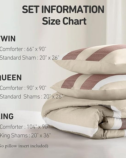 King Comforter Set, 3 Pieces Striped Bed Set, Soft Brushed Microfiber Reversible Bedding Set for All Season, Lightweight & Breathable Bedding Set with Comforter & Shams, Terracotta