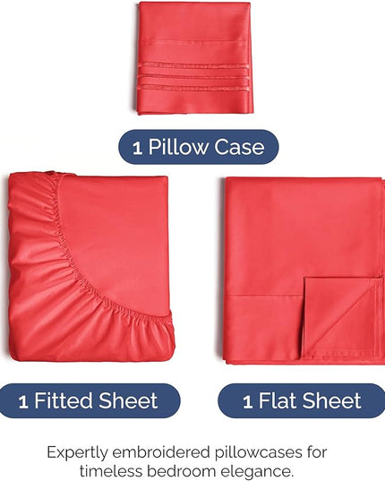 Twin XL Size 3 Piece Sheet Set - Comfy Breathable & Cooling Bed Sheets Set - Hotel Luxury Bedding for Women, Men, Kids, Teens, Boys & Girls - Deep Pockets, Ultra-Soft, Wrinkle Free - Oeko-Tex - Red