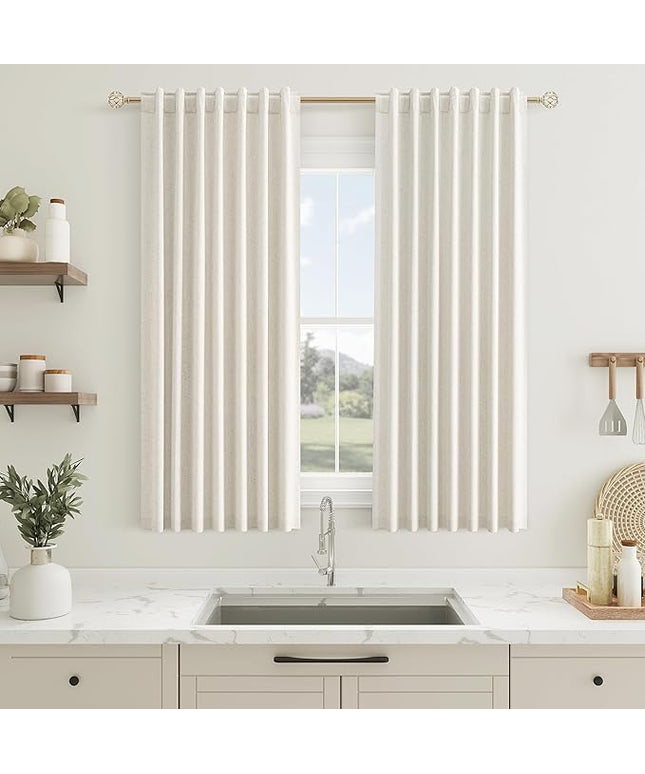 Guken 100% Blackout Cream Linen Curtains 52 Inch Wide by 56 Inch 2 Panels Set for Kitchen Small Windows Back Tab Thermal Insulated Black Out Linen Drapes Room Darkening Curtains