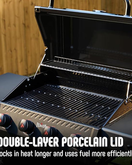 4-Burner Gas BBQ Grill with Side Table, 36,000 BTU Outdoor Propane Grill with Enameled Coated Chamber Body, Premium Porcelain-Enameled Grates for Backyard, Patio, Camping Barbecue, Black
