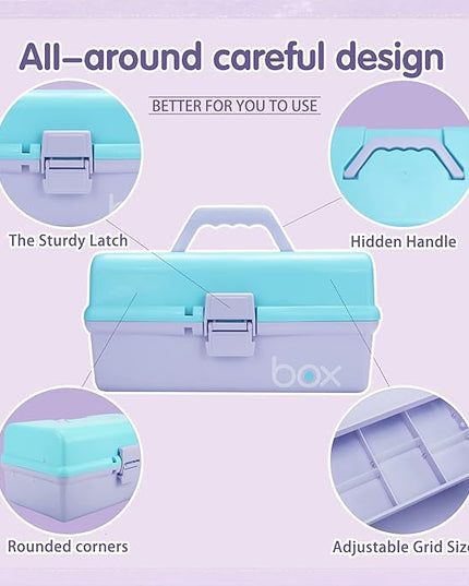 12in 3-Layer Plastic Craft Organizers and Storage, Portable Folding Tackle Box with Handle & Adjustable Dividers, Multipurpose Case for Sewing, Art Supplies, Medicine, Tools (Purple Blue)