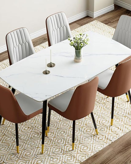 7 Piece Modern Dining Set, 62'' Sintered Stone Dinner Table for 6, Easy to Assemble