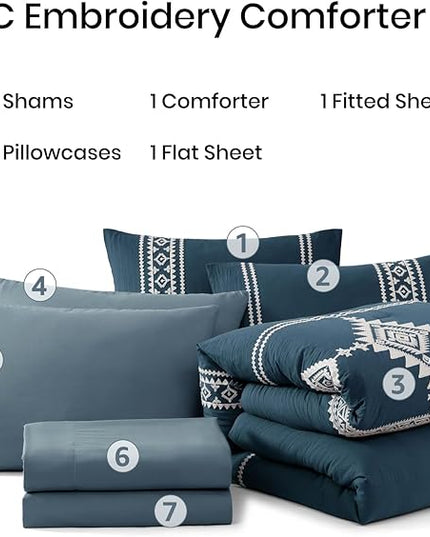 MaiRêve Embroidery King Size Comforter Set Navy Blue, Boho Farmhouse Western Bedding Set 7 Pieces, All Season Bed in A Bag Comforter Set with Sheets, Pillowcases & Shams