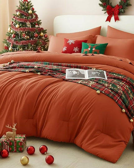 CozyLux King Comforter Set Burnt Orange, 7 Pieces Bed in a Bag Terracotta Comforter Set with Sheets, All Season Boho 7PC Bed Sets with Comforter, Fitted Sheet, Flat Sheet, Pillow Shams and Pillowcases