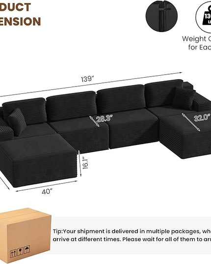 Bashaw 108" Cloud Sectional Couch Sofa with L-Shape Chaise, Modern Modular Sofa Couch Upholstered Couches for Living Room Bedroom, No Assembly Required (Black, U Shape)