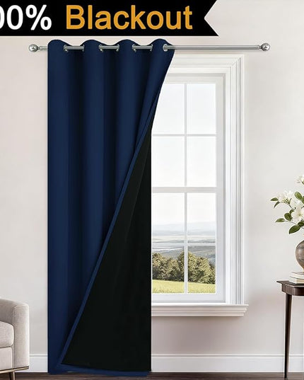 Yakamok 100% Blackout Curtains 84 Inches Long, 2 Thick Layers Heat and Full Light Blocking Soft Thermal Insulated Drapes for Bedroom(52" Wide Each Panel, Navy Blue, 1 Panel)