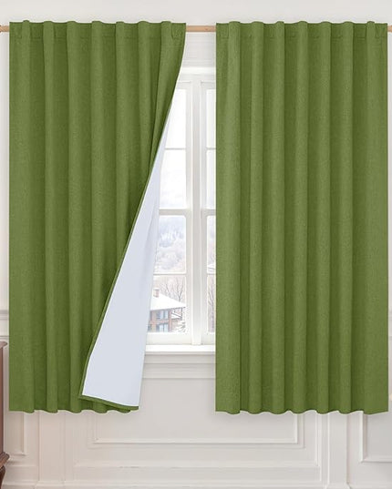 LAMIT 100% Blackout Linen Curtains 63 Inches Long, Linen Textured Living Room Bedroom Drapes Full Room Darkening Back Tab and Rod Pocket Panels with White Liner, 2 Panels, Olive Green, 60 x 63 Inch