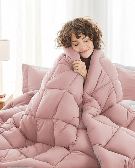 MUXHOMO 5 Pieces Twin Comforter Set, Reversible Bed in a Bag Twin Size, All Season Bedding Set with Comforter, Flat Sheet, Fitted Sheet, Pillowcases & Shams, Pink & Light Grey