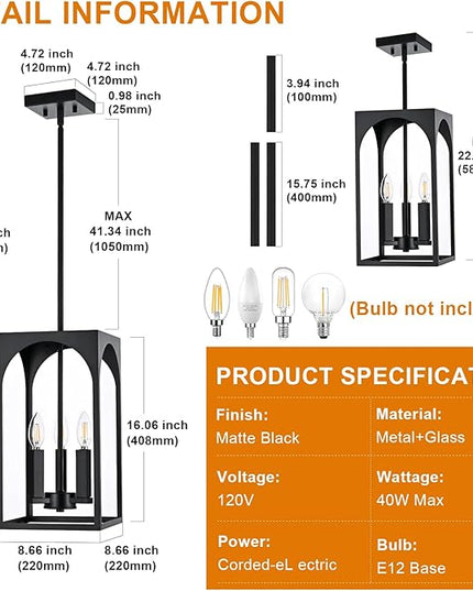 VINLUZ 3 Lights E12 Outdoor Pendant Lighting Fixture in Black Finish Finish, Farmhouse Hanging Lantern Chandelier with Clear Glass Shade for Porch Entryway Hallway