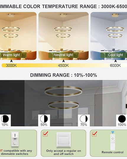 2-Rings Modern LED Chandelier Gold for Dining Room, Circular Flush Mount Ceiling Chandelier Light Dimmable Pendant Light with Remote Control for Living Room Entrance Foyer, 3000K-6500K