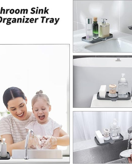 Silicone Bathroom Soap Dishes with Drain Spout-Bathroom and Kitchen Sink Organizer,Sponge Holder,Dish Soap Tray,Perfect for Dispenser,Scrubber,Bottle,Cup on Sink or Counter-Grey 9.6"×5.3"